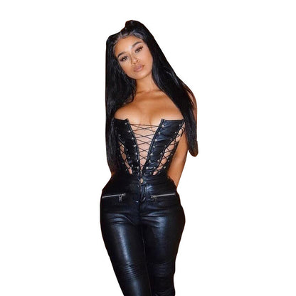 Women Fashion Casual Strapless Strap Fish Bone Imitation Leather Waist Top