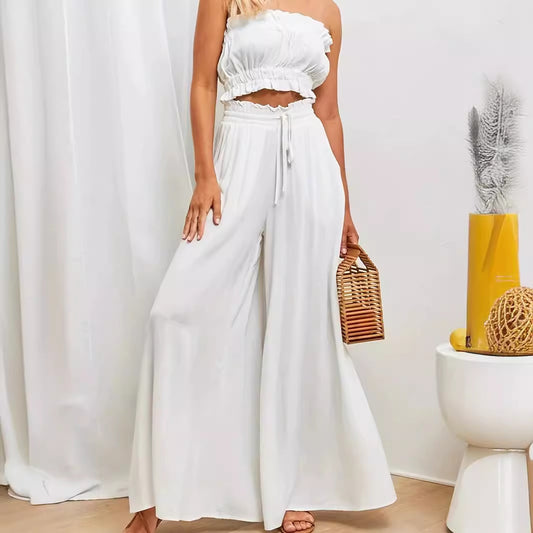 Women Fashion Casual Loose Solid Color Drawstring High-Waist Wide Leg Pants