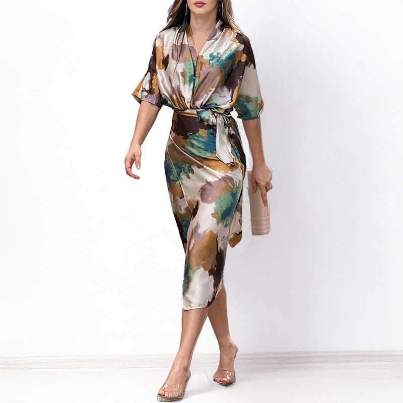 Women Casual Elegant Printed V-Neck Short-Sleeve Lace-Up Slim-Fit Dress