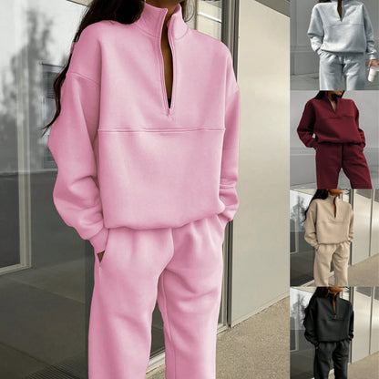 Women Casual Solid Zip Sweatshirts And Pants Two-Piece Set