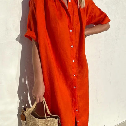 Women Elegant Casual Loose Short-Sleeved Button Cotton Linen Long Pocket Maxi Shirt Dress