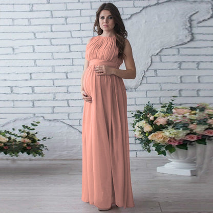 Vestido plisado sin mangas con cuello redondo y costuras de color liso para embarazadas