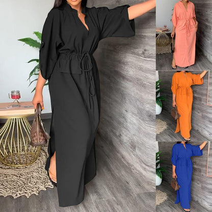 Women Solid Color Long Sleeve Stand Collar Waist Slit Loose Casual Long Dress