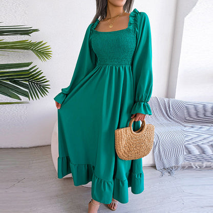 Women Fashion Casual Square Collar Large Ruffled Maxi Dress