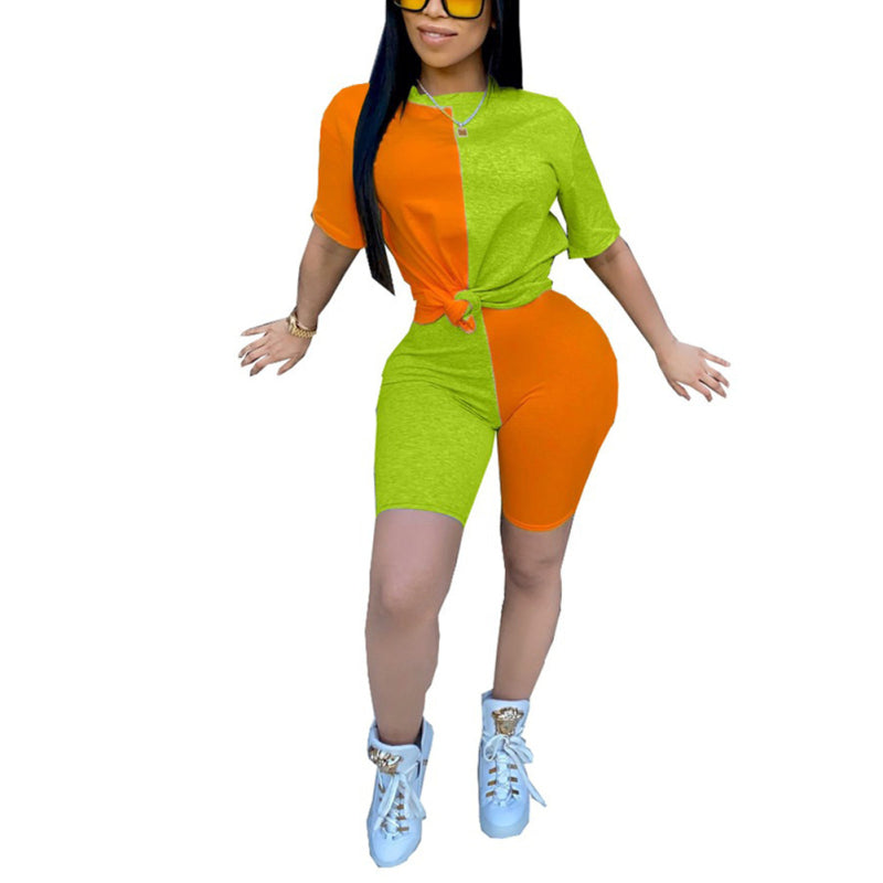 Women 2 Piece Outfits Casual Color Stitching Short Sleeve T-Shirt Tops Shorts Set
