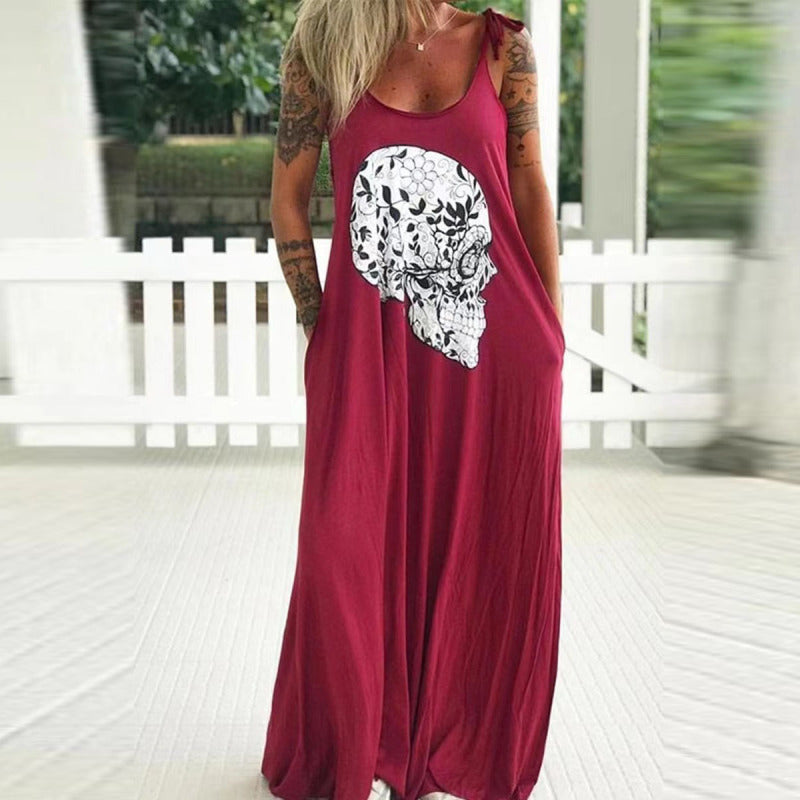Women Casual Halloween Skull Print Loose Maxi Dress