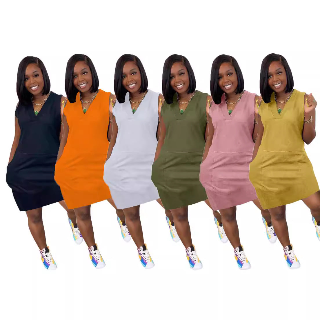 Summer Women Casual Solid Color V-Neck Sleeveless Dress
