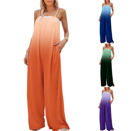Summer Vacation Women Casual Gradient Loose Sleeveless High Waist Strap Jumpsuit