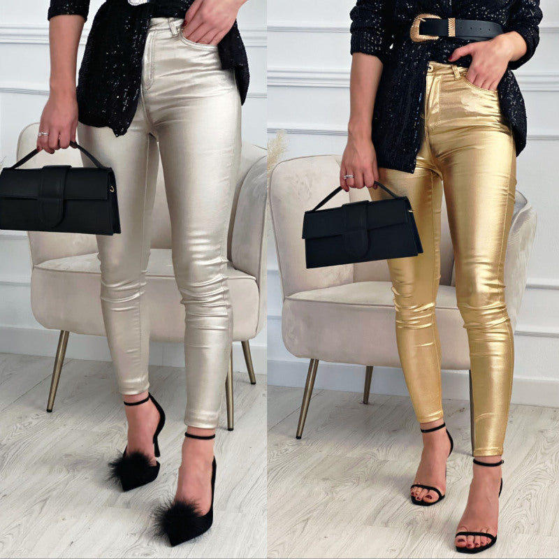 Pantalones ajustados casuales con diseño de bolsillo ajustado metálico sólido para mujer