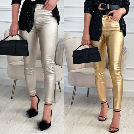 Pantalones ajustados casuales con diseño de bolsillo ajustado metálico sólido para mujer