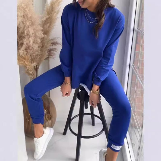 Conjunto de dos piezas formado por top y pantalón de manga larga, cuello redondo, color liso, informal, a la moda para mujer