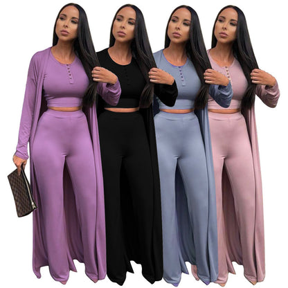 Conjunto casual de tres piezas con top y pantalón de color liso para mujer
