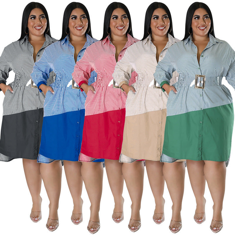 Women Fashion Casual Plus Size Stripe Long Sleeve Dress