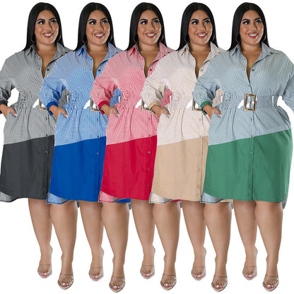 Women Fashion Casual Plus Size Stripe Long Sleeve Dress