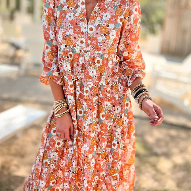 Vacation Women Boho Floral Print Casual Midi Long Sleeve Dress