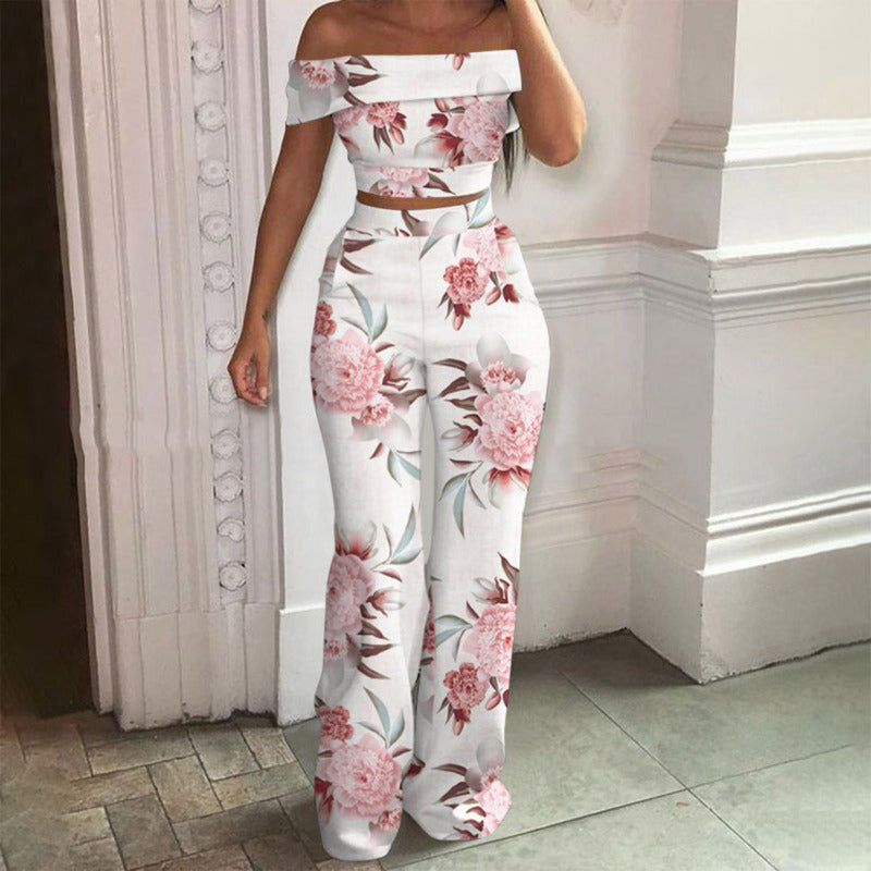 Summer Women Temperament Off-The-Shoulder Printed Top And High Waist Wide Leg Pants Casual Suits