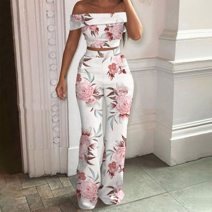 Summer Women Temperament Off-The-Shoulder Printed Top And High Waist Wide Leg Pants Casual Suits