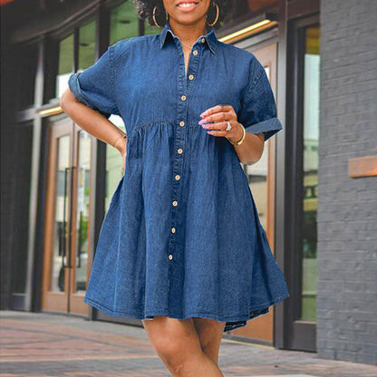 Women Fashion Casual Plus Size Lapel Short Sleeve Single Breasted Tutu Denim Dress