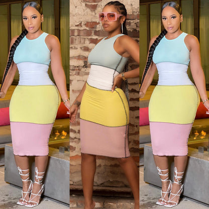 Women'S Fashion Casual Rib-Knit Color Blocking Slim Sleeveless Dress