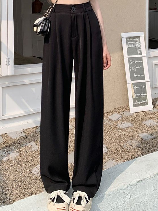 Pantalones casuales de pierna ancha y cintura alta de color sólido para mujer