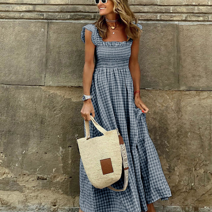 Vestido largo informal con cuello cuadrado y estampado a cuadros para mujer, sin mangas