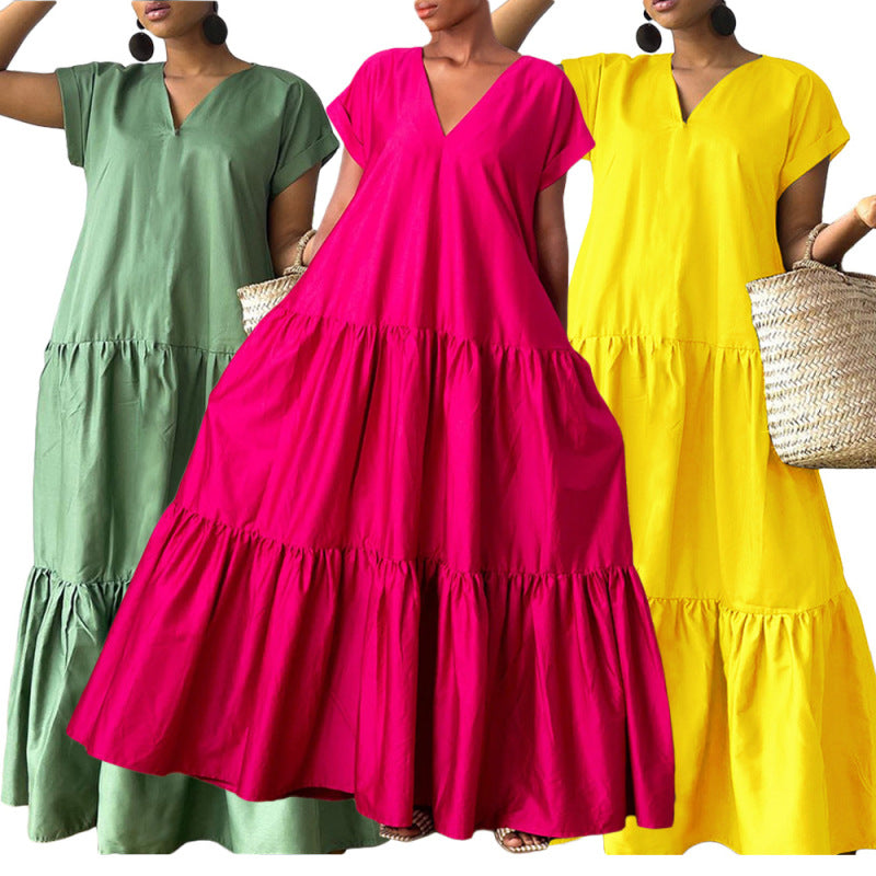 Women Fashion Casual Solid Color V-Neck Short Sleeve Maxi Dress