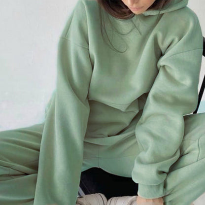 Conjunto deportivo informal de dos piezas con capucha y pantalones de manga larga de color liso para mujer