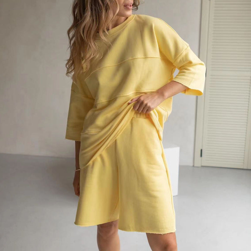 Conjunto holgado informal de verano para mujer, con media manga y pantalones cortos rectos, de color liso