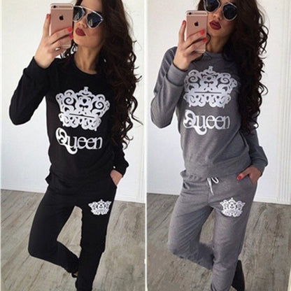 Casual Athleisure Women Slong Sleeve Queen Print Sweatshirt And Pants Set