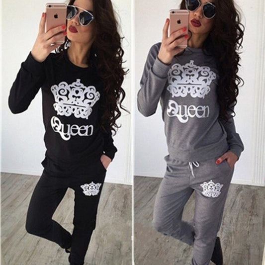 Conjunto deportivo informal de sudadera y pantalón con estampado Queen de manga larga para mujer