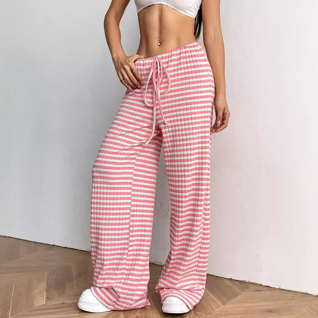 Women Casual Loose Stripe Solid Color Drawstring Pants