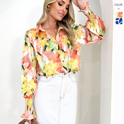 Blusas casuales de manga larga con estampado floral para mujer