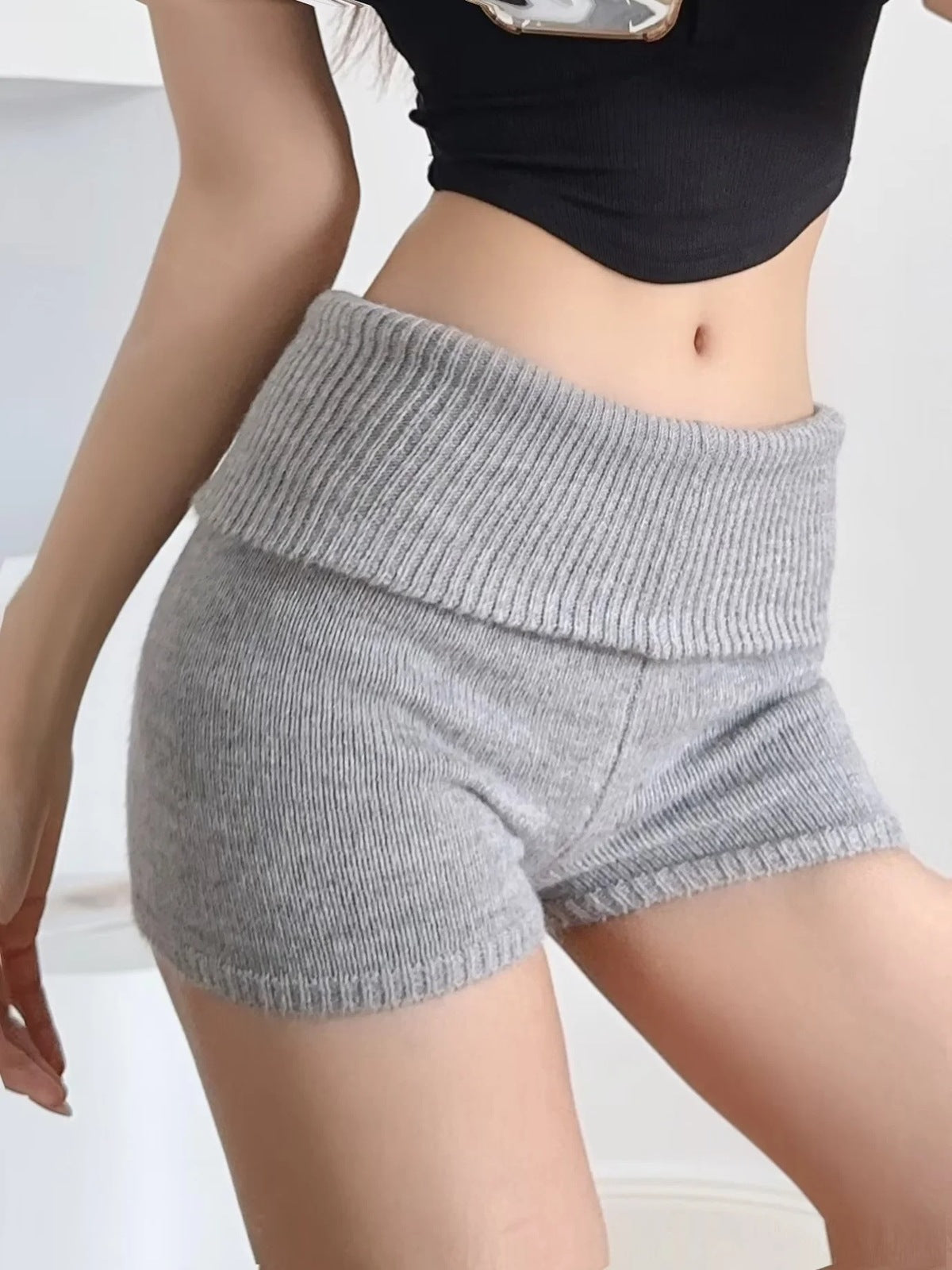 Women Fashion Casual Solid Color Stretch High-Waisted Knitted Shorts