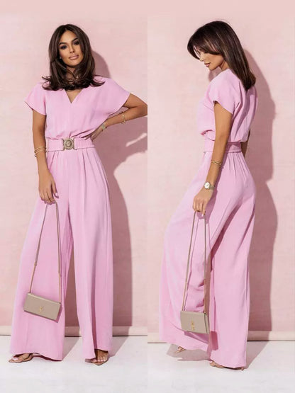 Women Fashion Casual Solid Color V-Neck Short Sleeve Belt Slim-Fit Jumpsuits