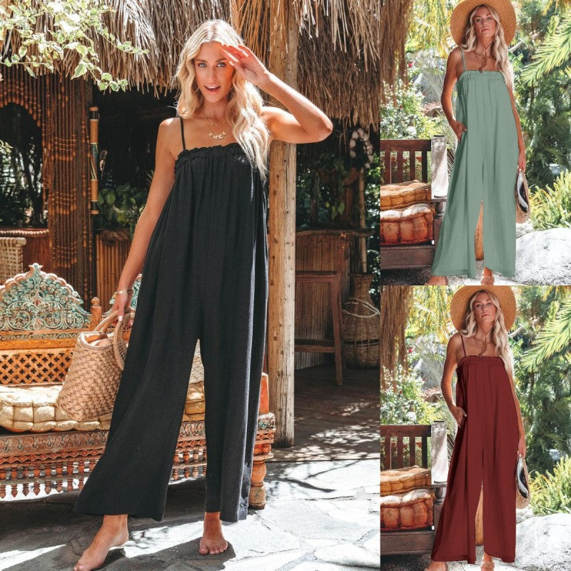 Women Casual Summer Vacation Solid Color Strap Wide Leg Loose Jumpsuits