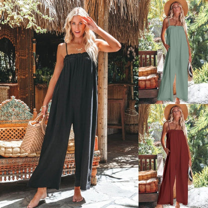 Women Casual Summer Vacation Solid Color Strap Wide Leg Loose Jumpsuits