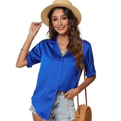 Blusa holgada informal de un solo pecho para mujer, elegante, de oficina, básica, de satén, de manga corta, de verano, de color liso