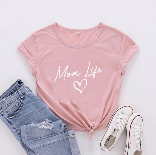 Camiseta informal de manga corta para mujer con texto "Mamá, vida de madre, feliz día de la madre"
