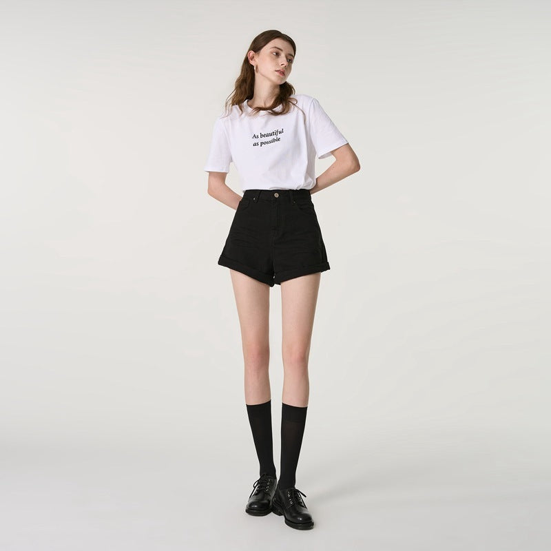 Women Fashion Casual Loose Denim Roll-Up Shorts