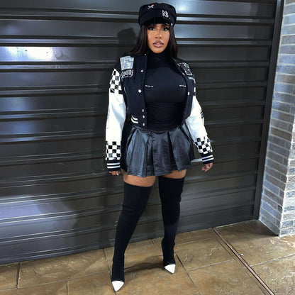 Chaqueta informal de lana de doble hilo con estampado de letras y botonadura sencilla para mujer