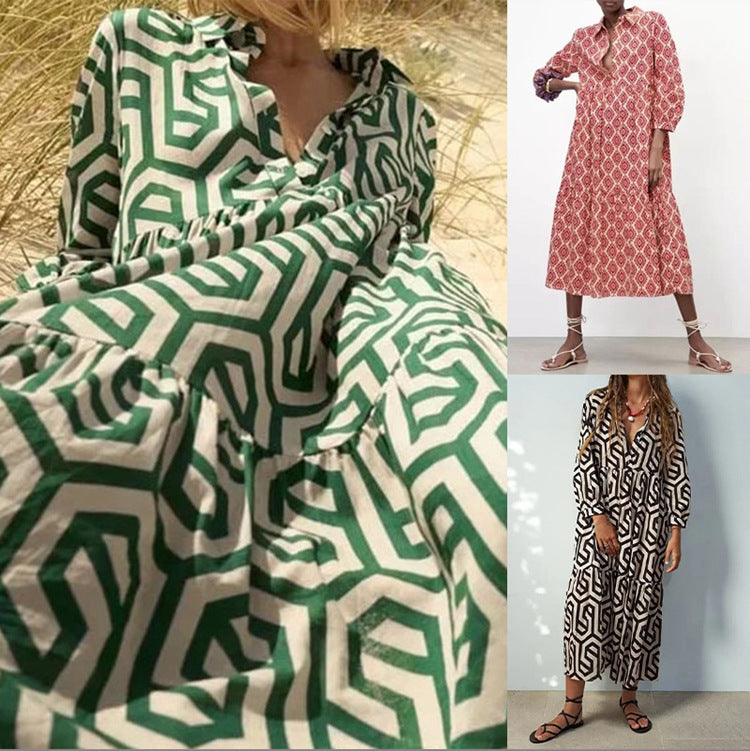Women'S Fashion Boho Casual Geometric Pattern Printing Long Sleeve Lapel Single-Breasted Loose Dress