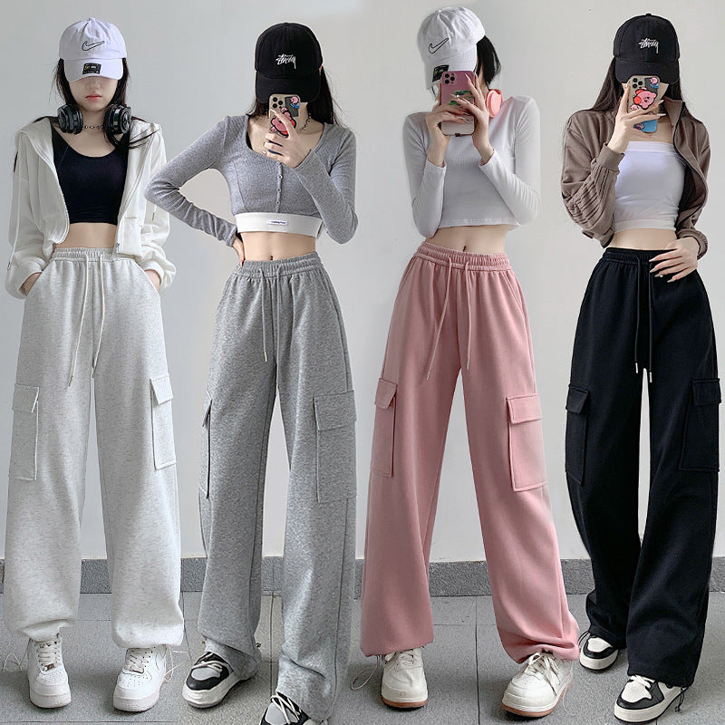 Women Fashion Casual High Waist Loose Harlan Straight Cargo Pants
