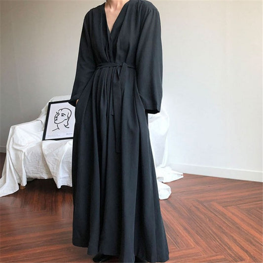 Women Casual Loose Solid Color V-Neck Lace-Up Long Sleeve Maxi Dress