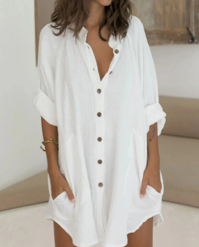 Women Casual Solid Color Single-breasted Long Sleeve Loose Shirt Dress