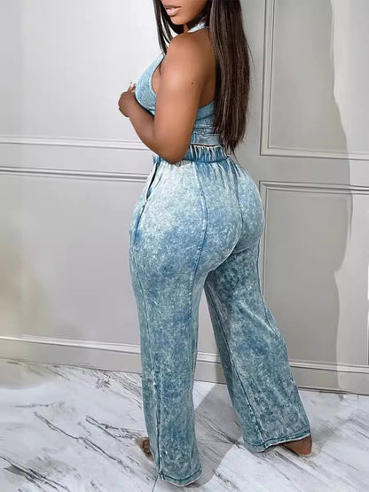 Women Fashion Casual Solid Color Tank Top Pocket Drawstring Pants Two-Piece Set