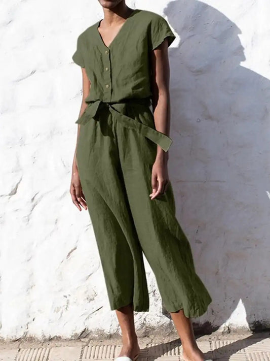 Summer V-Neck Nail-Buckle Lace-Up Short-Sleeve Cropped Solid Color Casual Women Jumpsuits