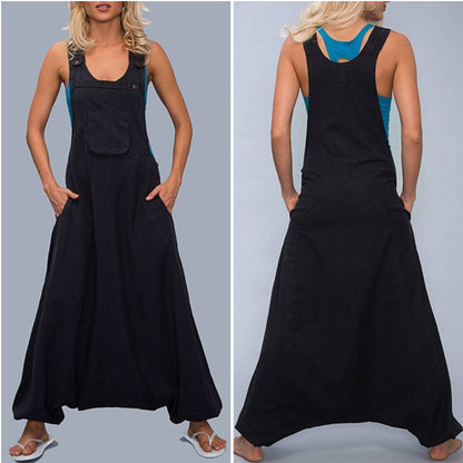 Women Loose Casual Edgy Sleeveless Pockets Solid Color Wide Legs Jumpsuits Overalls