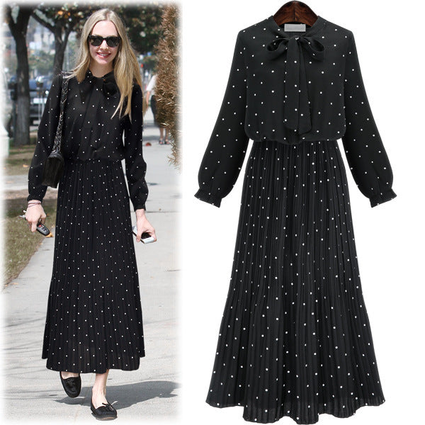 Women Casual Elegant Polka Dot Print Long-Sleeved Bohemian Pleated Maxi Dress