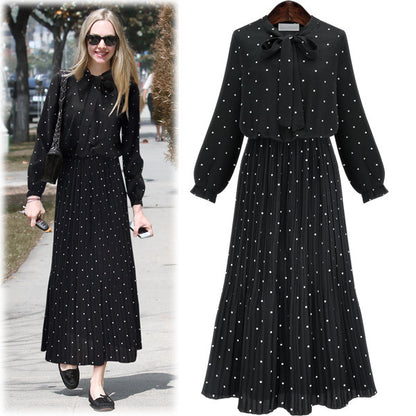 Women Casual Elegant Polka Dot Print Long-Sleeved Bohemian Pleated Maxi Dress