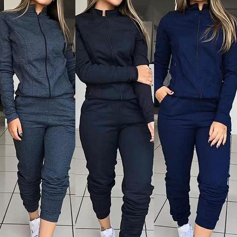 Conjunto deportivo de dos piezas para mujer, otoño e invierno, informal, con cremallera, cuello alto, sudadera y pantalones